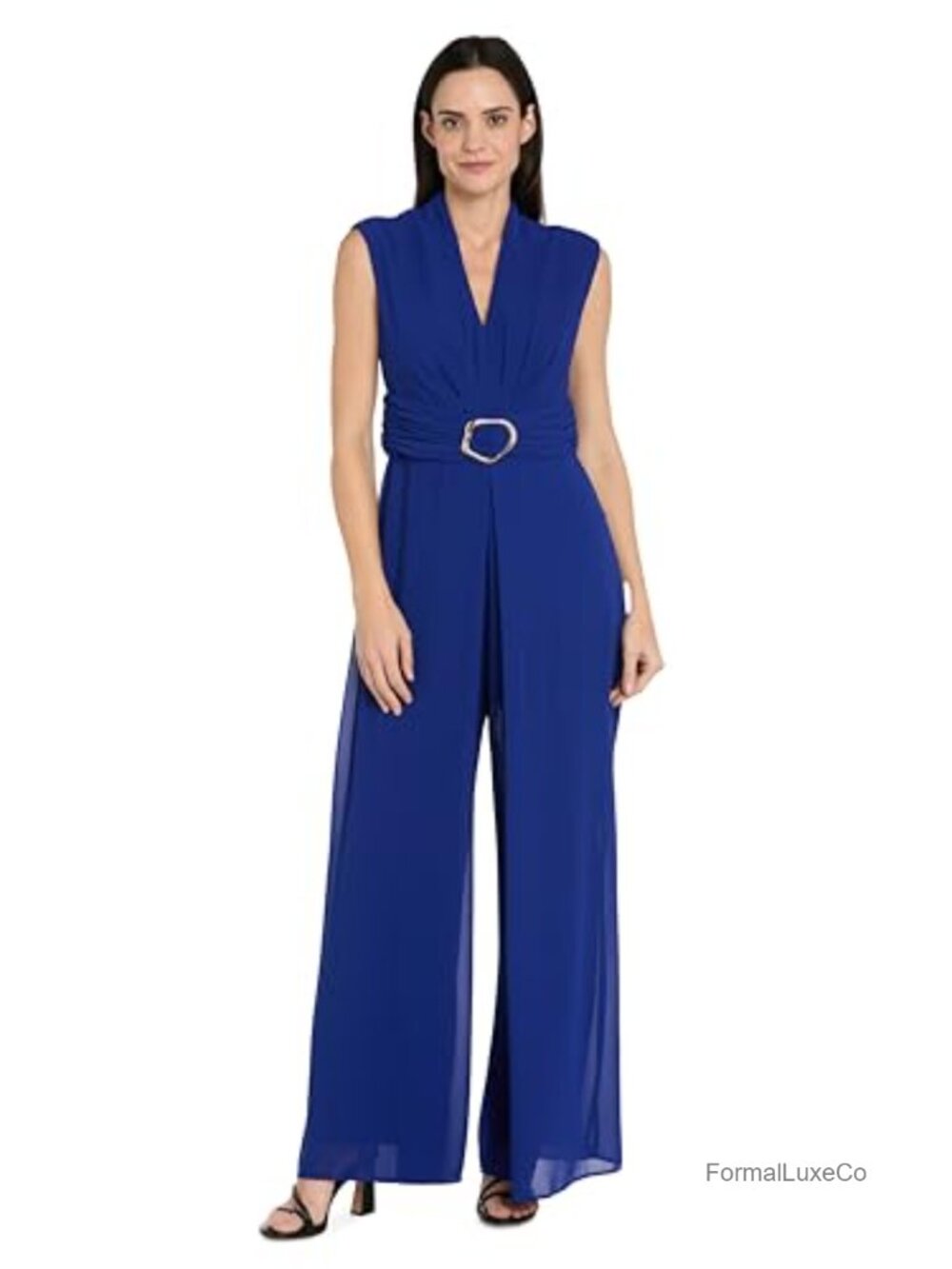 Women's Sleeveless Jumpsuit with Gold-Tone Buckle & Chiffon Overlay, Formal